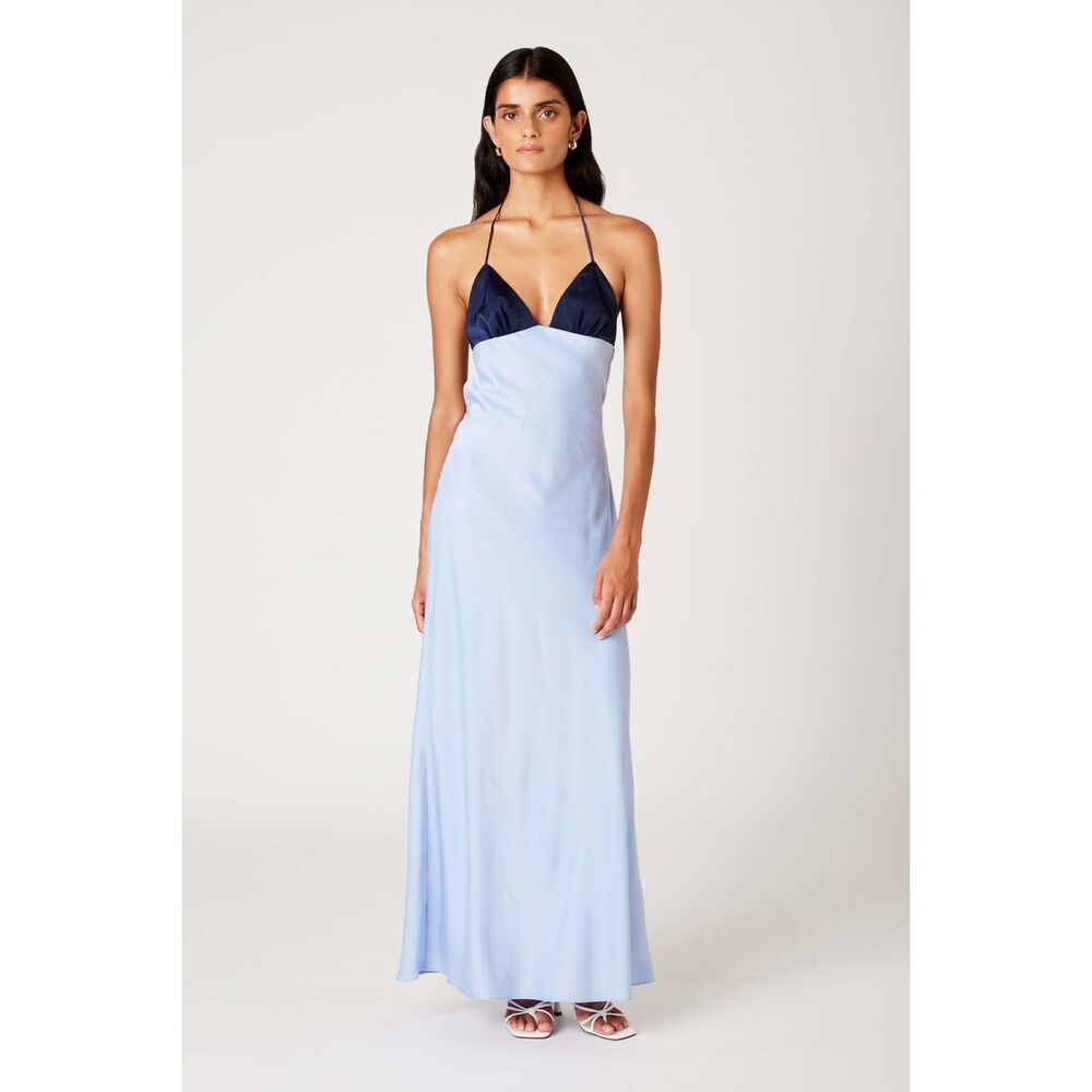 Silky Two-Tone Light Blue Maxi Dress with Navy Bodice